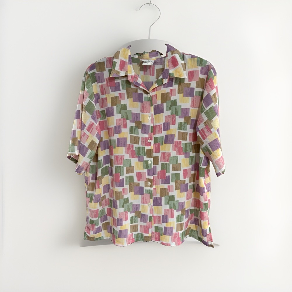 BonWorth Shirt Womens XL Multicolor Geometric Squares Short Sleeve Button F166
